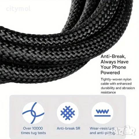 USB Type-C to USB Type-C Charging Cable 60W, найлонова оплетка - 200 см, снимка 3 - USB кабели - 50548027