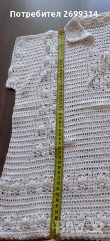 Оригинална блуза с къс ръкав и яка, изплетен на една кука, в бежов цвят, снимка 2 - Потници - 37019434