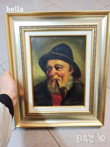 Стара картина Старецът с лулата -масло върху фазер подписана ,рамката е добавена от нас (пластика ),, снимка 5 - Антикварни и старинни предмети - 49929473
