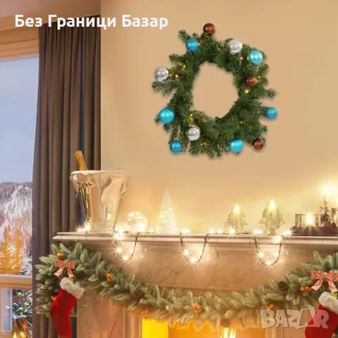 Нов Коледен Венец с LED Светлини 45см Таймер Изкуствен Бор Празнична Украса, снимка 5 - Декорация за дома - 55955159