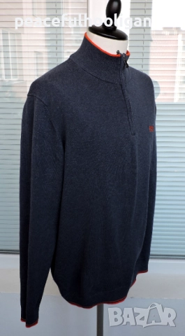 Hugo Boss Mens Navy Blue 1/4 Zip Long Sleeve Cotton Jumper Pullover Size XL /XXL, снимка 9 - Пуловери - 52949296
