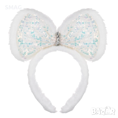 Коледна диадема с бяла пухкава панделка, иридисцентни пайети и камъчета_1242803