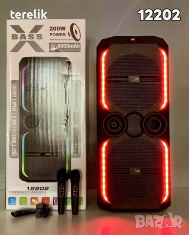 🔊 ABS-12202 – 12”×2 Xbass 200W 6000mah-50лв Професионална караоке тонколона, Bluetooth, 2 микрофонa, снимка 2 - Тонколони - 51831350