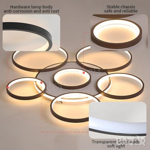 LED лед полилей модерна креативна лампа 7-пръстена с дистанционно, снимка 3 - Лампи за таван - 44463846