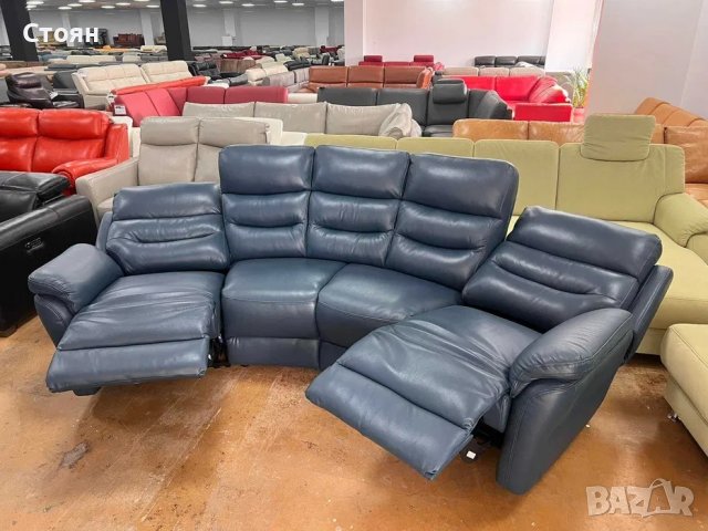 Син кожен извит диван четворка с ръчен релаксиращ механизъм, снимка 7 - Дивани и мека мебел - 39973097