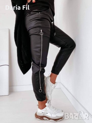 СТРАХОТЕН черен кожен панталон със странични декоративни ципове, снимка 2 - Клинове - 30065726