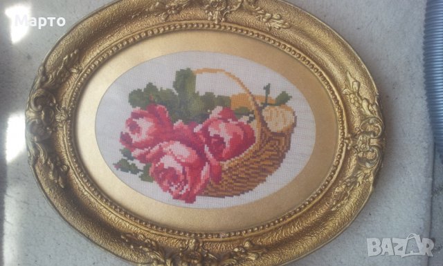 Стар гоблен с дървена рамка и гипсова орнаментика, снимка 3 - Гоблени - 37076021