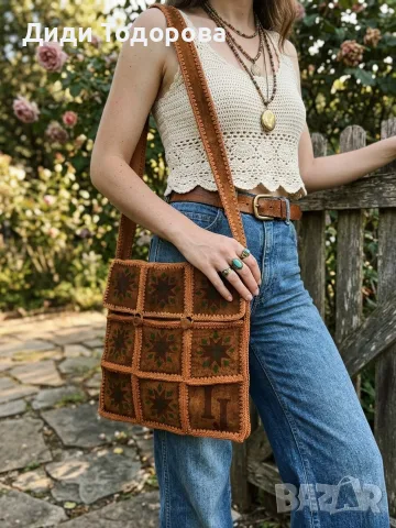 Уникална дамска чанта  от естествен велур и плетен кант (Vintage / Boho style)