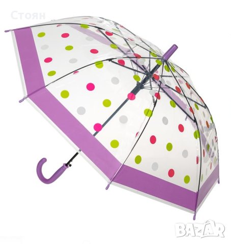 Чадър за дъжд Автоматичен детски прозрачен многоцветен чадър на точки 66 см, снимка 3 - Чадъри - 42875876
