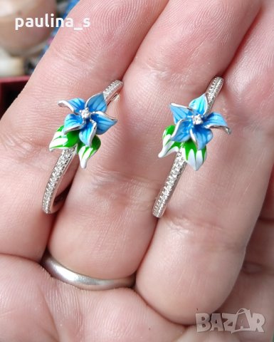 Японски, дизайнерски сребърни обеци с циркони и ръчно рисуван емайл 925 
