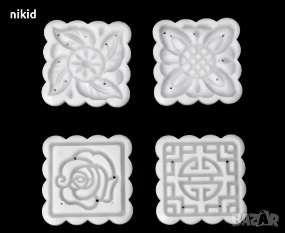 4  цветя квадратни диска печати щампи лунни релефни бисквитки сладки пластмасови с бутало Moon Cake, снимка 5 - Форми - 23266799