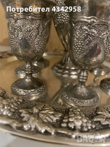 Винтидж комплект за вино/ликьор с поднос – посребрен (мелхиор).1970-1990г., снимка 4 - Антикварни и старинни предмети - 54009506