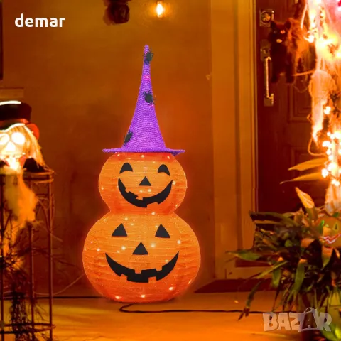 Тиквени светлини за Хелоуин, LED, на батерии, с шапка на вещица, сгъваеми (92 см височина), снимка 8 - Декорация за дома - 47990632