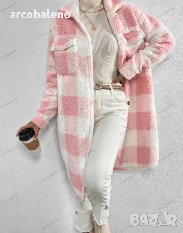 Дамско есенно-зимно палто с отворени копчета и плюшен кариран плат, 4цвята , снимка 9 - Палта, манта - 47851255