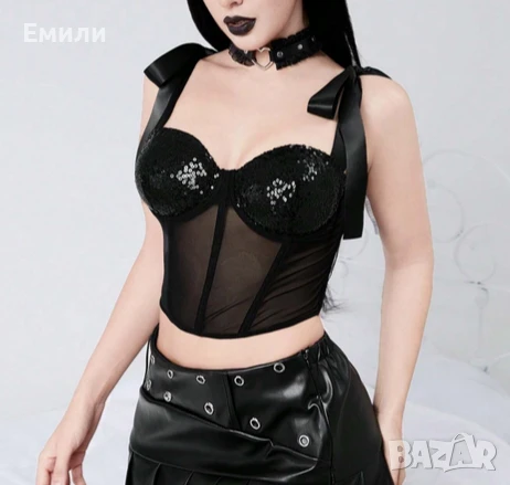 Нов дамски топ/бюстие/корсет с пайети и прозрачна талия р-р S и M, снимка 5 - Корсети, бюстиета, топове - 51078418