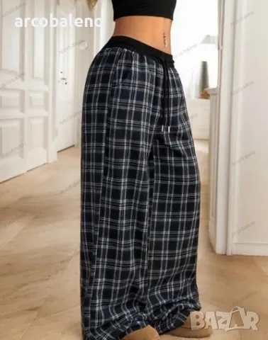 Модни дамски ежедневни карирани широки панталони, снимка 4 - Панталони - 48709161