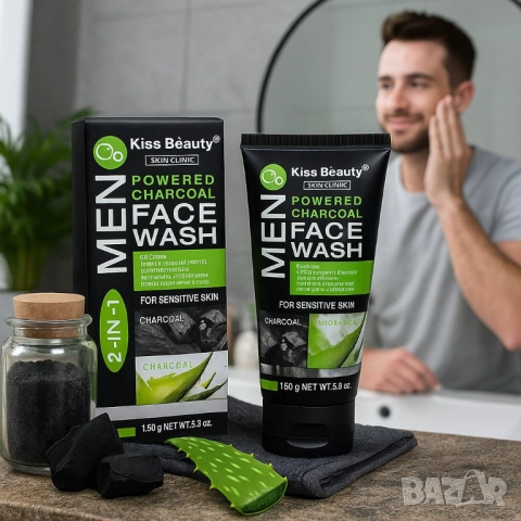 Дълбокопочистващ гел за лице с алое и черен въглен за мъже – Срещу омазняване, черни точки и раздраз, снимка 2 - Други - 51968967