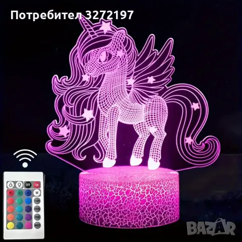 Холограмна 3D LED лампа Еднорог - дистанционно управление 16 цвята+други режими на управление, снимка 2 - Настолни лампи - 49505412