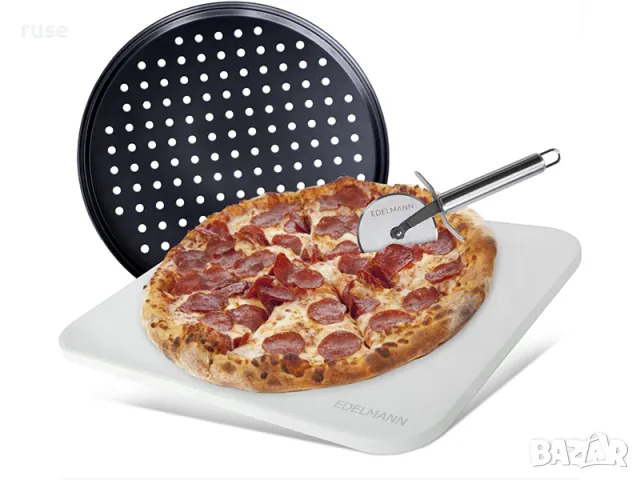 НОВИ! Каменна плоча за пица 38х30см 3 части с тава и нож за пица