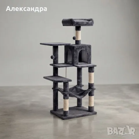 Многоетажна драскалка за котки 143 см с 6 нива, къщичка, хамак и легло, тъмносива,бежова, снимка 2 - За котки - 56012330