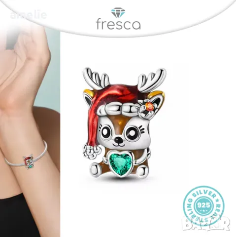 Ново! Талисман Коледни Fresca по модел тип Пандора Pandora с печат 925 Sweet Deer with Green Heart