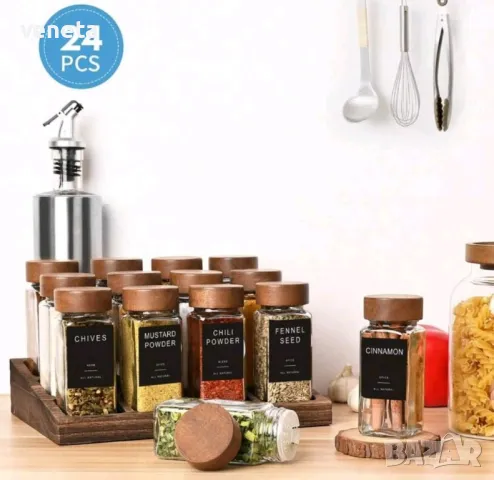 Стъклени буркани за подправки с етикет, 24 броя , снимка 2 - Форми - 49376592