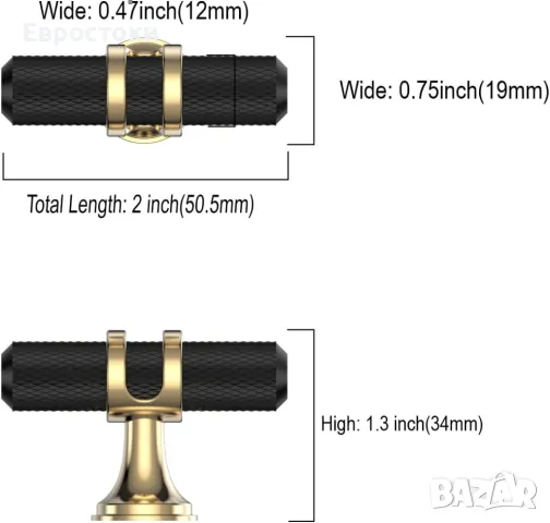 Amerdeco 10 части дръжки за чекмеджета, златисто черни копчета, с T-образна лента, 5 см., мебелни, снимка 4 - Други - 48816816