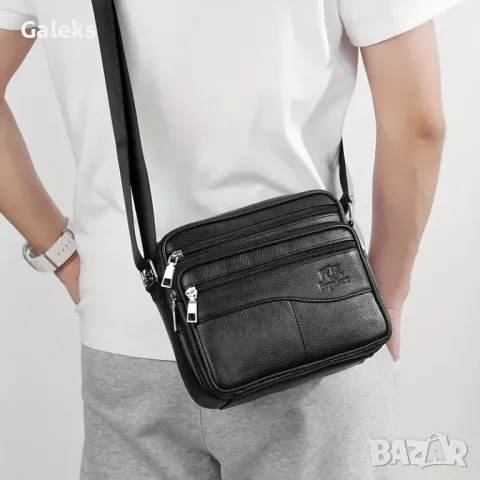 Дизайнерска, Мъжка правоъгълна кожена чантичка за през рамо /Черна естест.кожа!