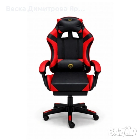 Удобен геймърски стол с поставка за крака и масажна лумбална възглавница, Черно-червен, снимка 7 - Столове - 53959405