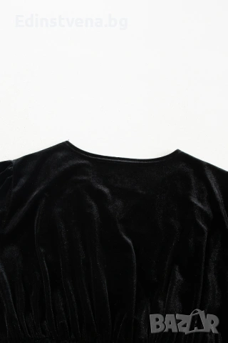 Дамска къса рокля кадифе с дълъг ръкав в черно, снимка 6 - Рокли - 53081777