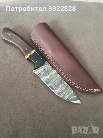 Ловен нож от Дамаска стомана с дръжка от палисандрово дърво и  кожена кания, снимка 3 - Ножове - 44014621