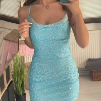Уникална бляскава къса синя рокля , снимка 6 - Рокли - 39226046