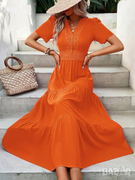 Красива оранжева рокля, Ефектна рокля, Миди рокля, снимка 1