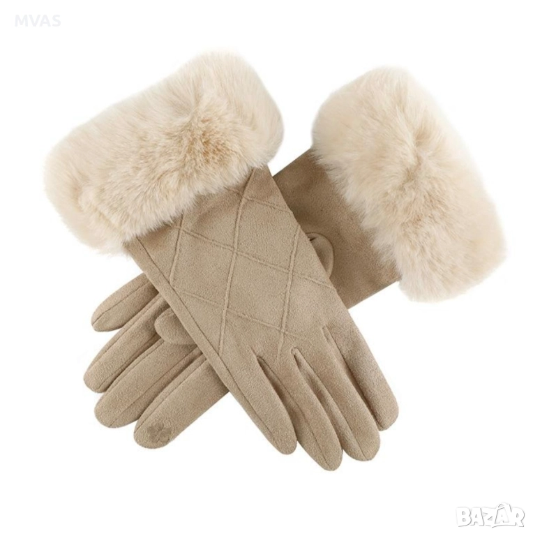 Нови дамски бежови ръкавици с пухче, снимка 1