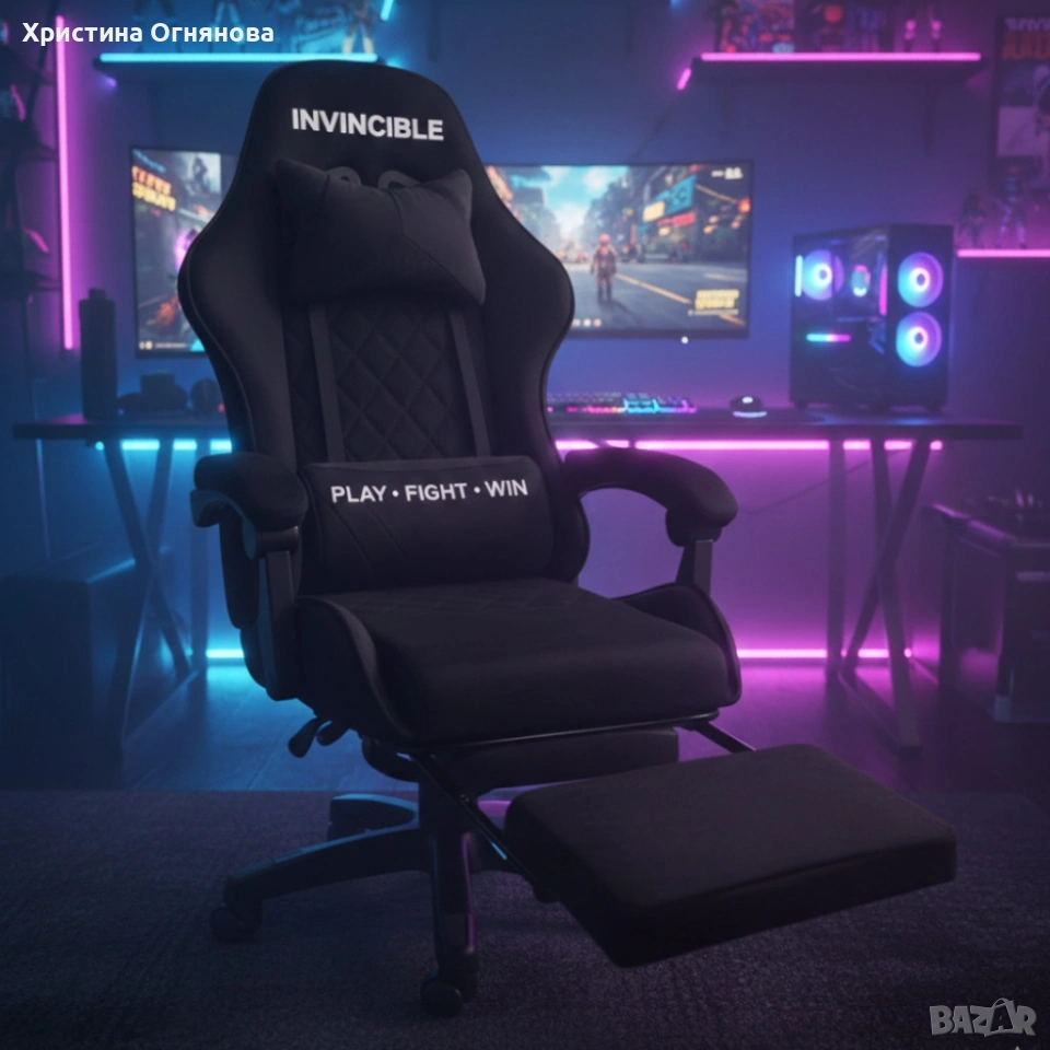 Черен геймърски стол с регулируема височина, лумбална възглавница и метална основа, снимка 1