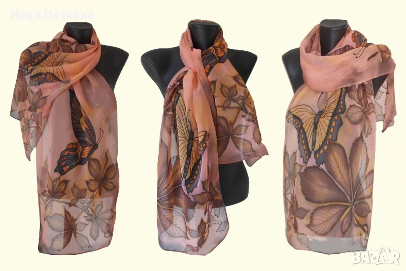 Рисуван копринен шал КЕСТЕНИ И ПЕПЕРУДИ, снимка 1