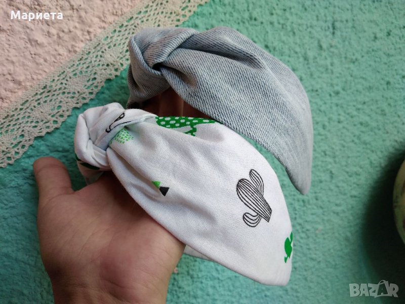 Диадема Деним Дънкова Диадема Ръчна Изработка Бяла диадема с кактус Диадема с възел , снимка 1