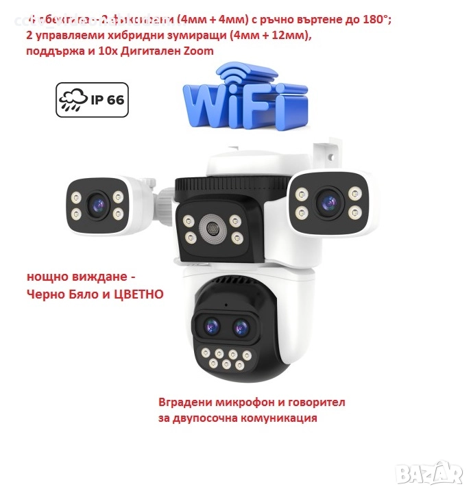 Безжична Управляема IP WiFi Камера 3Mp, 4 Обектива, Dual Light 30м. и 10X Zoom, снимка 1