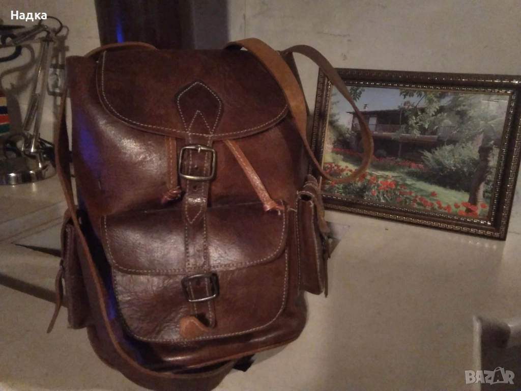 Винтидж раница от естествена 100%телешка кожа в кафяво, снимка 1