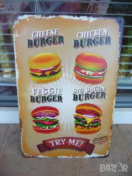Метална табела храна бургери чийз веган бекон пилешки биг бързо хранене, снимка 1