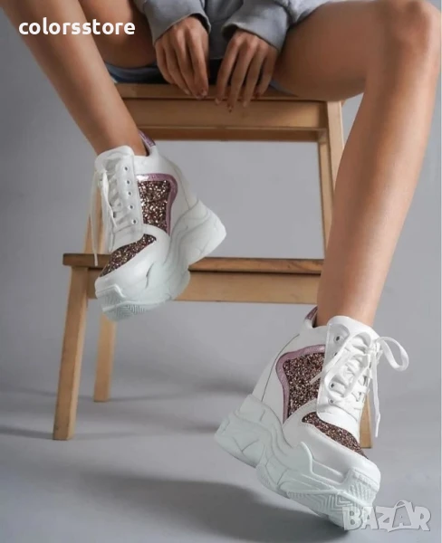 Кецове на платформа - бяла кожа с розов брокат - PA950

, снимка 1