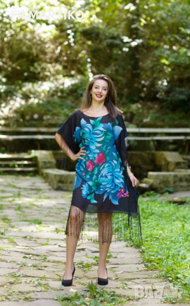 Копринена туника с принт "Мечтание в божури", снимка 1