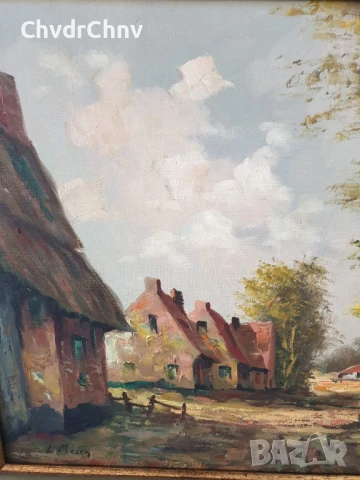 70х60см/стара голяма картина масло върху платно/селски пейзаж/къщи-път-дървета/дървена рамка, снимка 3 - Картини - 50852611