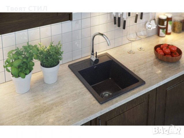 Гранитна Мивка за Кухня модел РИГА графит - Антибактериална Цвят Черно Кухненска мивка , снимка 7 - Мивки - 30068636