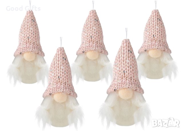Коледна украса 5 Броя Коледен гном с розова шапка, 11см