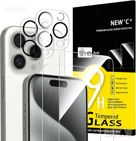 NEW'C 4 Pack: Защитно стъкло за екран и камера за iPhone 15 Pro [6.1 инча]