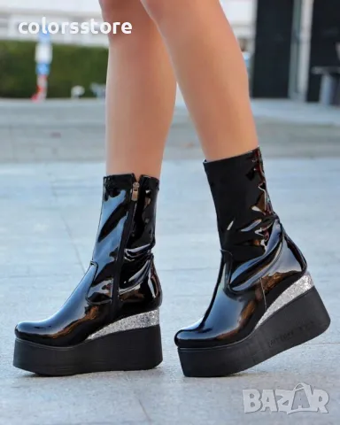 Боти на платформа - черен лак с бронз брокат и черно ходило - 121K