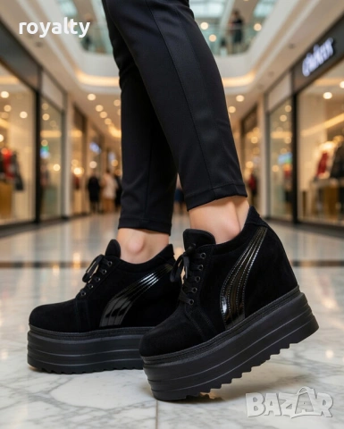 Кецове на платформа - черен велур и лак, снимка 3 - Кецове - 54028885