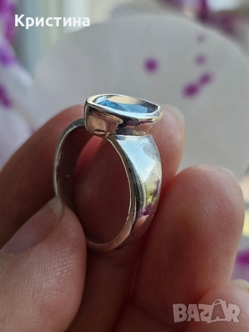 Марков сребърен пръстен със Син Топаз, снимка 4 - Пръстени - 54235042