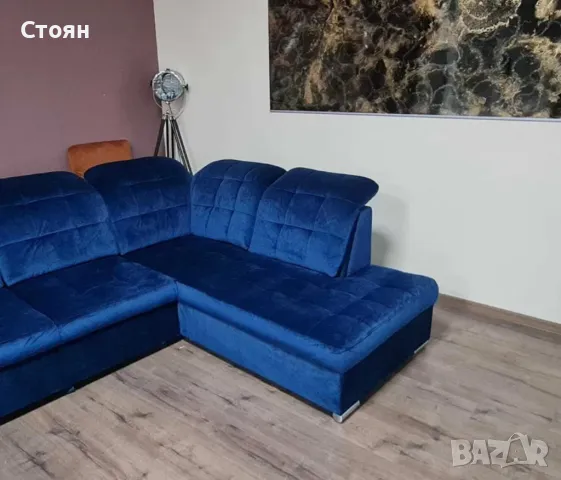 Син П образен ъглов диван от плат Nigrum с функция сън, снимка 4 - Дивани и мека мебел - 48632853